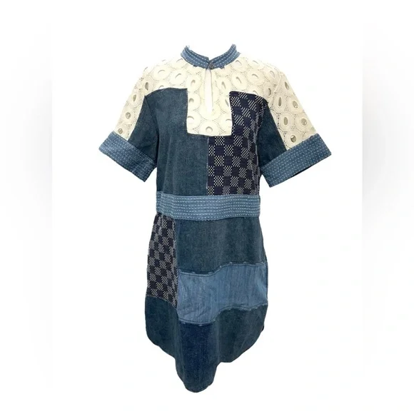 Sea New York Patchwork Cotton Denim And Lace Oversized Mock Neck Mini Dress sz 4 - Picture 4 of 11